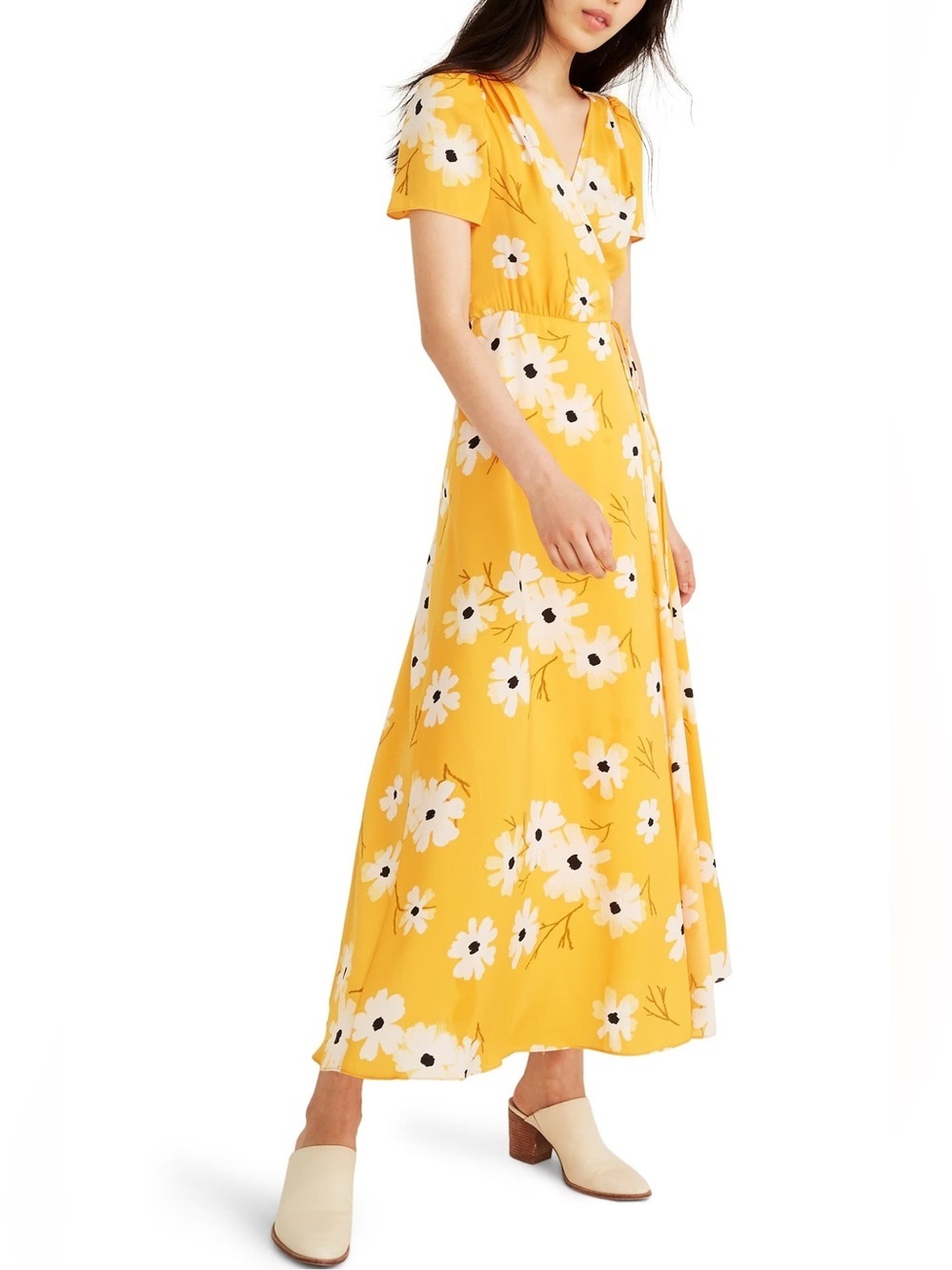 Madewell Yellow Floral Wrap Midi Dress saturated floral butter yellow rush week